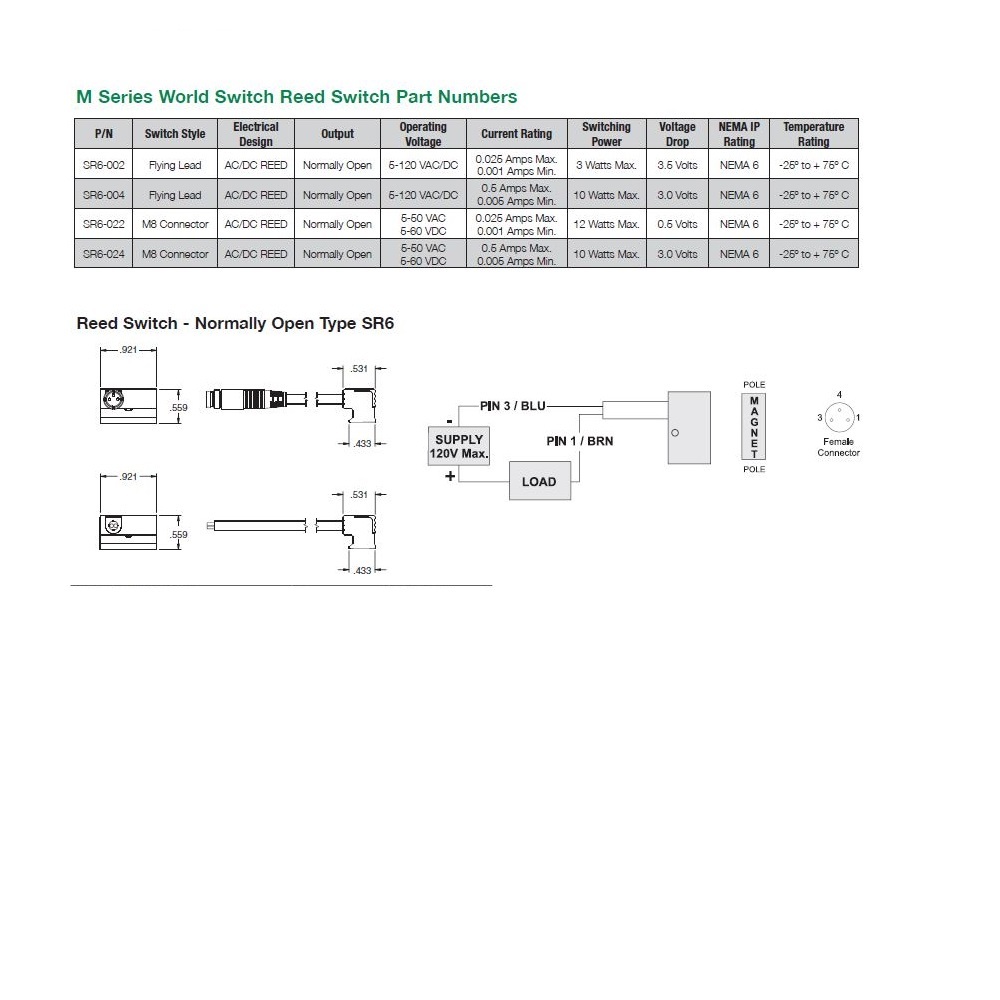 SR6-022 NUMATICS/AVENTICS CYLINDER SWITCH<BR>REED, 5-120AC/DC, LED, M8 QUICK DISC.